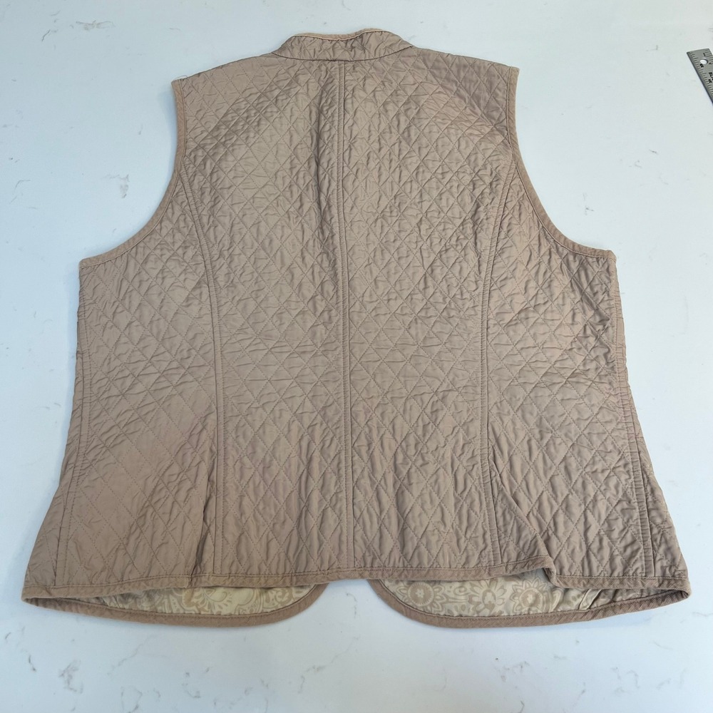 Talbots Womens XL Tan Quilted Zip Front Vest Corduroy Trim Mock Neck Beige - Picture 3 of 11